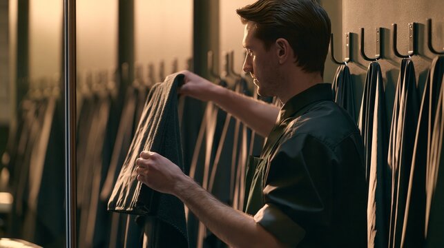 Male Salon Coordinator Hanging Clean Capes at Barber Station