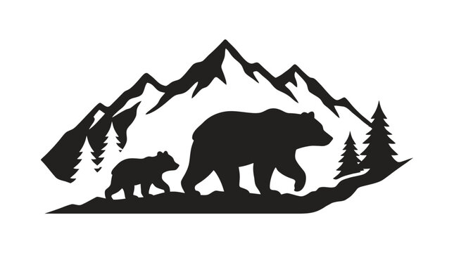 Bear family silhouette against mountain range with evergreen trees