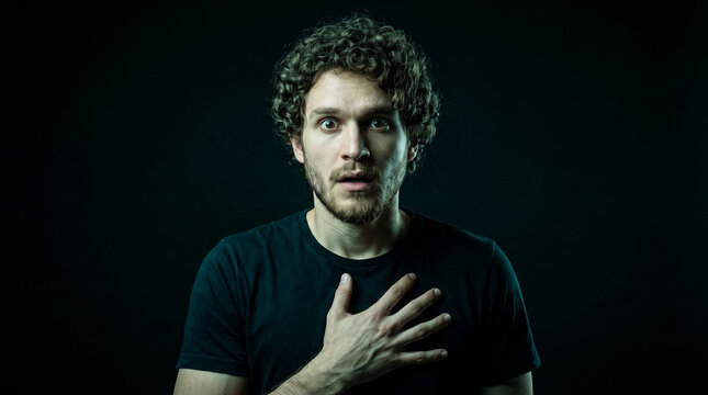 A man with curly hair and an amazed expression, his hand over his chest, looking directly at the viewer
