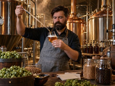 Erfahrener Braumeister pr&uuml;ft Farbe und Qualit&auml;t eines frisch gebrauten Bieres zwischen gl&auml;nzenden Kupferkesseln &ndash; professionelles Brauhandwerk mit Hopfen und Malz.