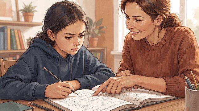 Mother patiently helps her daughter with difficult math homework at a desk with books in the background