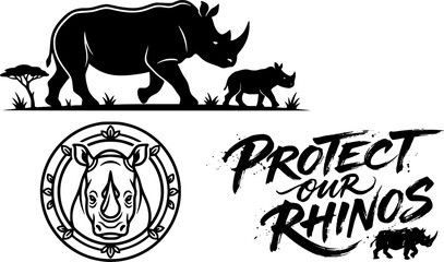 Fototapeta premium Black and white rhinoceros conservation illustration set featuring savanna family scene ornate rhino badge emblem and Protect Our Rhinos hand lettered typography for wildlife awareness and advocacy th