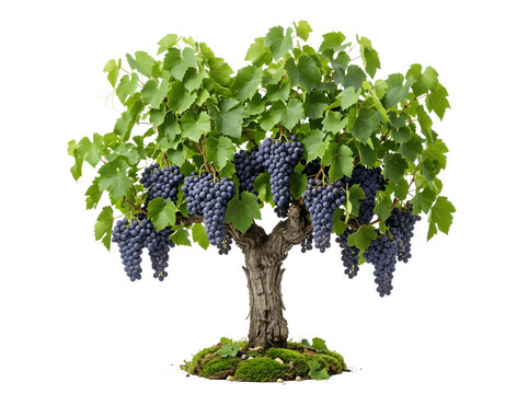 A small bonsai grapevine with clusters of dark purple grapes isolated on transparent background
