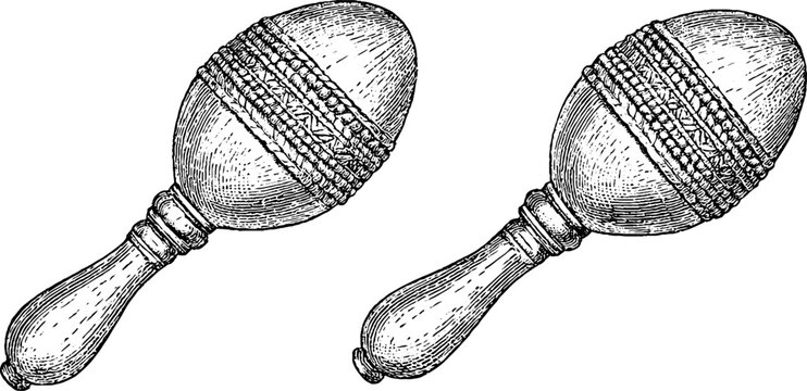 Antique engraving pair of maracas isolated on white background for cinco de mayo poster and party design
