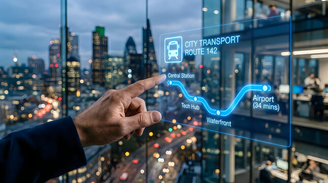 Futuristic digital interface showing city transport route 142 with a hand touching a holographic display against a blurred modern cityscape background at twilight