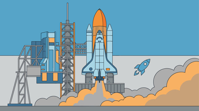 Flat design vector illustration of a space shuttle launching from a platform with smoke and a smaller rocket in the sky