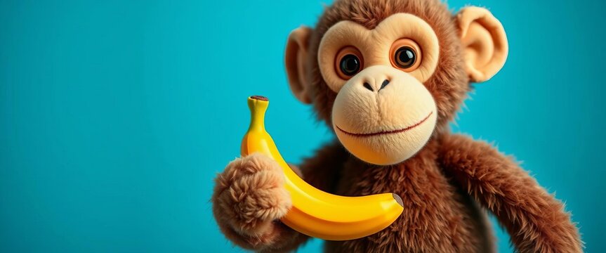 Charming plush monkey offers miniature banana, soft focus blue background,  whimsical,  wildlife