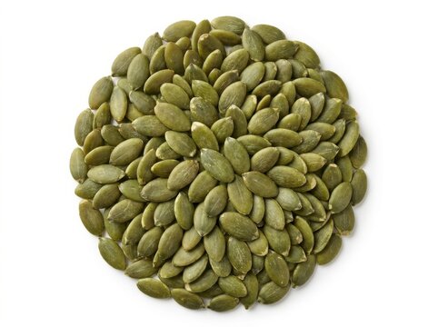 Circular arrangement of raw green pumpkin seeds isolated on white background for healthy snack food