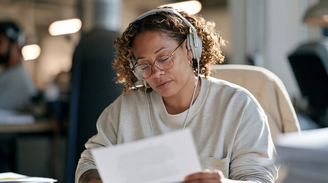 A welder reads a single paragraph of text aloud silently to herself in a workplace quiet room, dyslexic adult literacy strategy, neurodivergent manufacturing employee support,