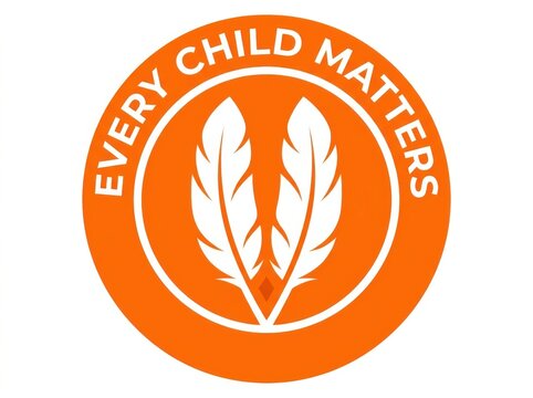 Every child matters orange shirt day circle emblem with two white feathers symbolizing reconciliation