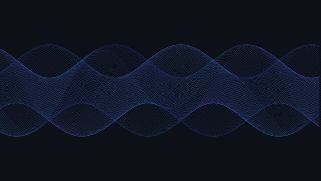 Blue wavy lines flowing in a horizontal pattern, rhythmic sine waves on a dark background, smooth interconnected wave structure