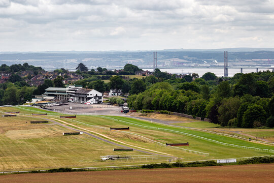 Elevated view of Chepstow Racecourse horse racing venue in Monmouthshire Wales with Severn bridges in distance