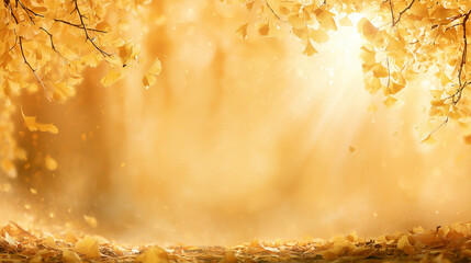Obraz premium Golden Gingko tree branches in autumn, fallen yellow leaves on the ground in the forest, autumnal background sunbeams and copy space