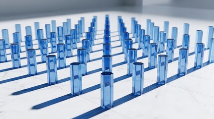Obraz premium Grid of Transparent Blue Cylindrical Pillars Casting Long Shadows on a White Marble Floor Surface