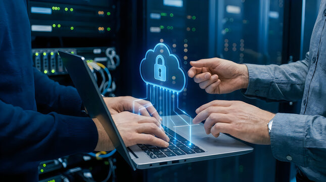 It professionals working on cloud security and data protection in a server room, managing network infrastructure and digital safety protocols on a laptop