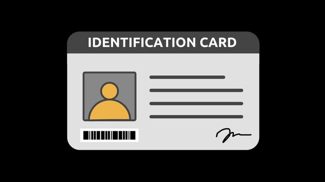 Animated flat design identification card with profile photo, text lines, barcode, and signature, login and password.