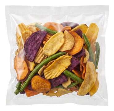 Assorted dried vegetable chips in a resealable pouch