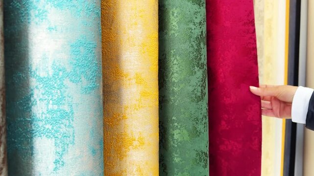 A row of colorful fabric curtain rolls, each with a different pattern. The colors are vibrant and the patterns are unique, creating a sense of variety and creativity