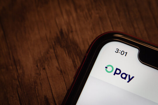 Mexico City, MEXICO - Aug 25 2026 : Smartphone displaying the logo of OPay, a Nigerian mobile payment and fintech platform, in green and dark blue on a white screen.
