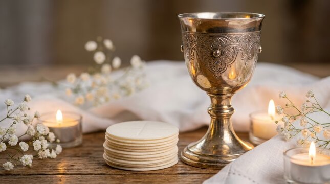 Silver chalice with communion bread wafers on wooden altar with burning candles and white flowers. Christian eucharist and holy communion concept. Religious ceremony background for church worship