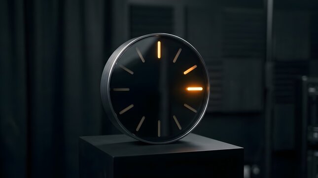 Modern minimalist black clock with glowing orange hour markers on a dark background