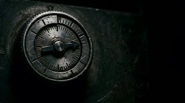 Close up of a vintage metal safe dial with a pointer indicating a direction on a dark textured background