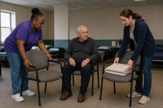 Community Cooling Center Operations - three people arranging an accessible quiet zone