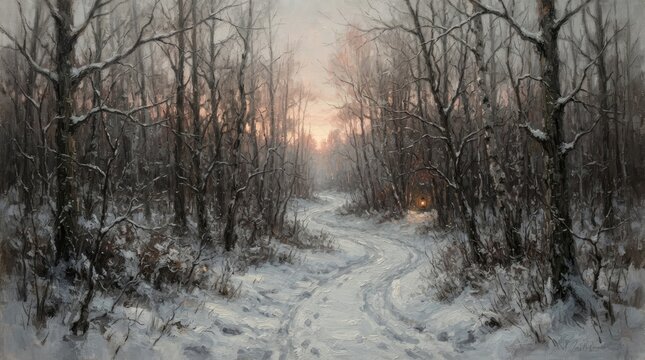 Winter forest path leading towards a bright sunset through bare trees