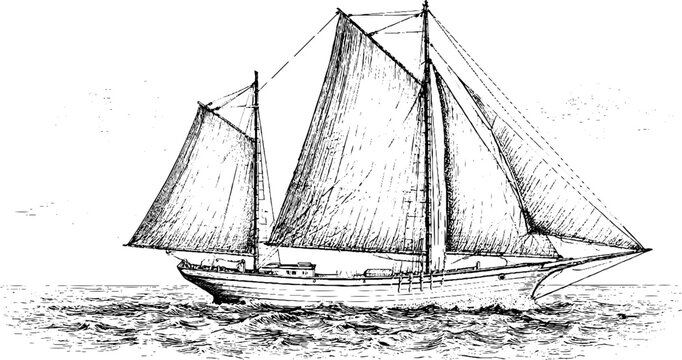 Antique engraving of a two-masted schooner sailing on the sea for vintage maritime background and nautical poster or banner design