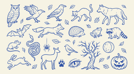 Fototapeta premium Collection of forest animals and nature elements, handdrawn vector doodles including owl, wolf, fox, raven, hedgehog, and spooky tree for design