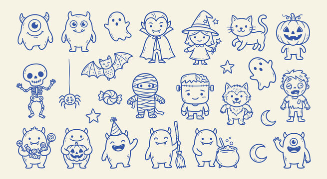 Set of cute halloween characters and spooky elements, handdrawn vector doodles including ghosts, monsters, pumpkins, and skeletons for holiday design
