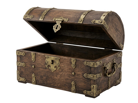 Antique wooden treasure chest with metal hardware isolated on transparent background