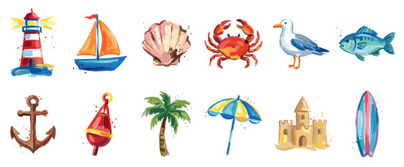 Obraz premium Summer beach icons set. Vacation and seaside holiday concept. Includes lighthouse, sailboat, seashell, crab, seagull, fish, anchor, buoy, palm tree, beach umbrella, sandcastle, surfboard