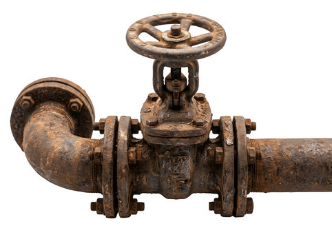 Old rusty metal industrial gate valve with pipe flanges isolated on transparent background