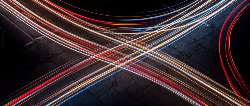 Long exposure light trails from moving vehicles crossing at an intersection on dark asphalt pavement with streaks moving traffic cracked asphalt road traffic cross