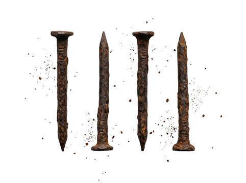 Four rusty iron nails isolated on transparent background