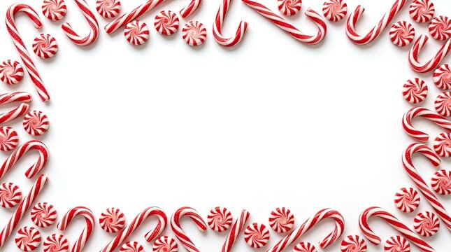 Festive holiday border of red and white candy canes with a white background
