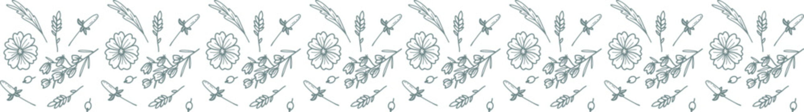 Seamless horizontal floral border with hand-drawn botanical flowers, leaves, branches and berries in delicate muted line art on a white background.
