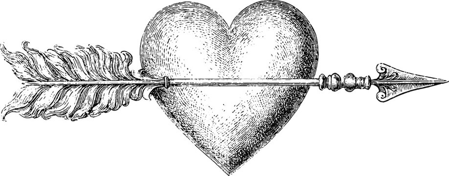 Antique engraved heart pierced by arrow illustration isolated on white background for romantic and valentine design element