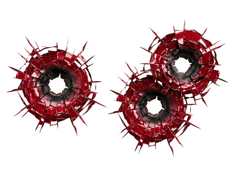 Three realistic bullet holes in a red surface isolated on transparent background