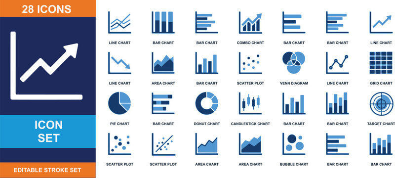 28 Chart and Graph Icons Set: A comprehensive collection of 28 vector icons representing various chart types, including bar charts, line graphs, pie charts, and scatter plots.