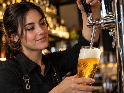 Professionelle Kellnerin zapft ein goldenes Bier mit cremiger Schaumkrone an einer modernen Zapfanlage &ndash; aufmerksamer Service, Gastronomie und frischer Biergenuss.