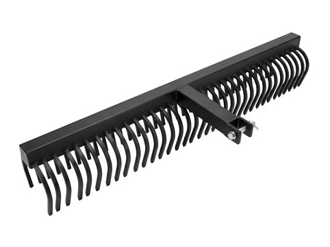 Black landscape rake attachment for tractor isolated on transparent background