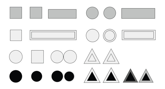 Collection of basic geometric shapes including squares, circles, rectangles, and triangles in gray and black tones.