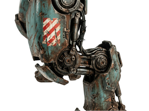 Close up of a weathered mechanical robot leg isolated on transparent background