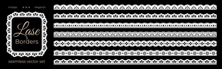 Fototapeta na wymiar Lace scallop borders and trim seamless pattern with crochet edge. Wavy cottagecore scalloped stripes and ruffle decorative elements with cute motif. Vector illustration isolated on black background