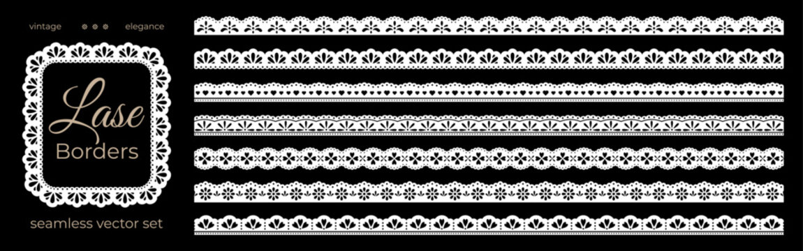 Lace scallop borders and trim seamless pattern with crochet edge. Wavy cottagecore scalloped stripes and ruffle decorative elements with cute motif. Vector illustration isolated on black background
