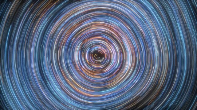 Futuristic circular light trail vortex motion with glowing blue and orange particle lines, fast spinning motion and abstract energy ring design for digital motion on black background. 4k video