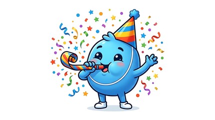 Fototapeta premium blue bear wearing party hat blowing horn surrounded by confetti