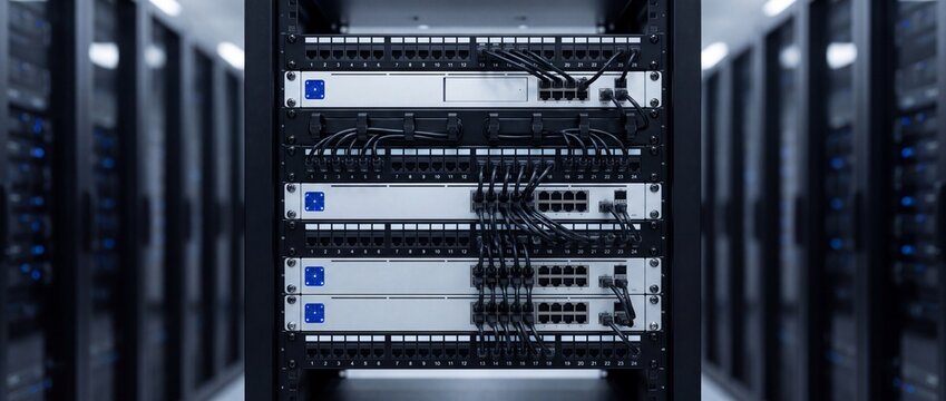 Network server equipment installed in a rack cabinet inside a modern data center server room with Network switches patch panels mounted server rack ethernet cables connected ports